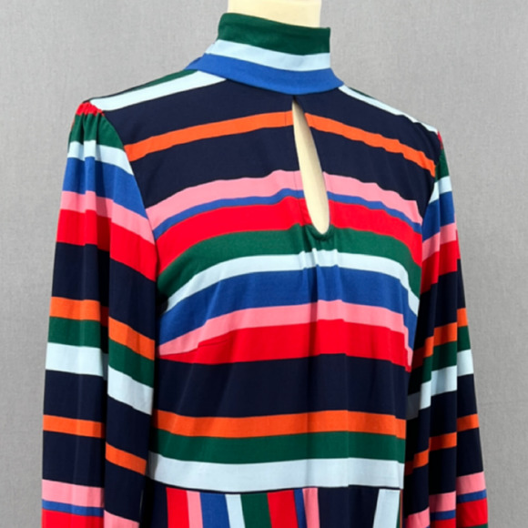 Elouqii Dress Womens 14 Multicolor Striped Keyhole Long Puff Sleeves A Line Midi - Picture 7 of 15